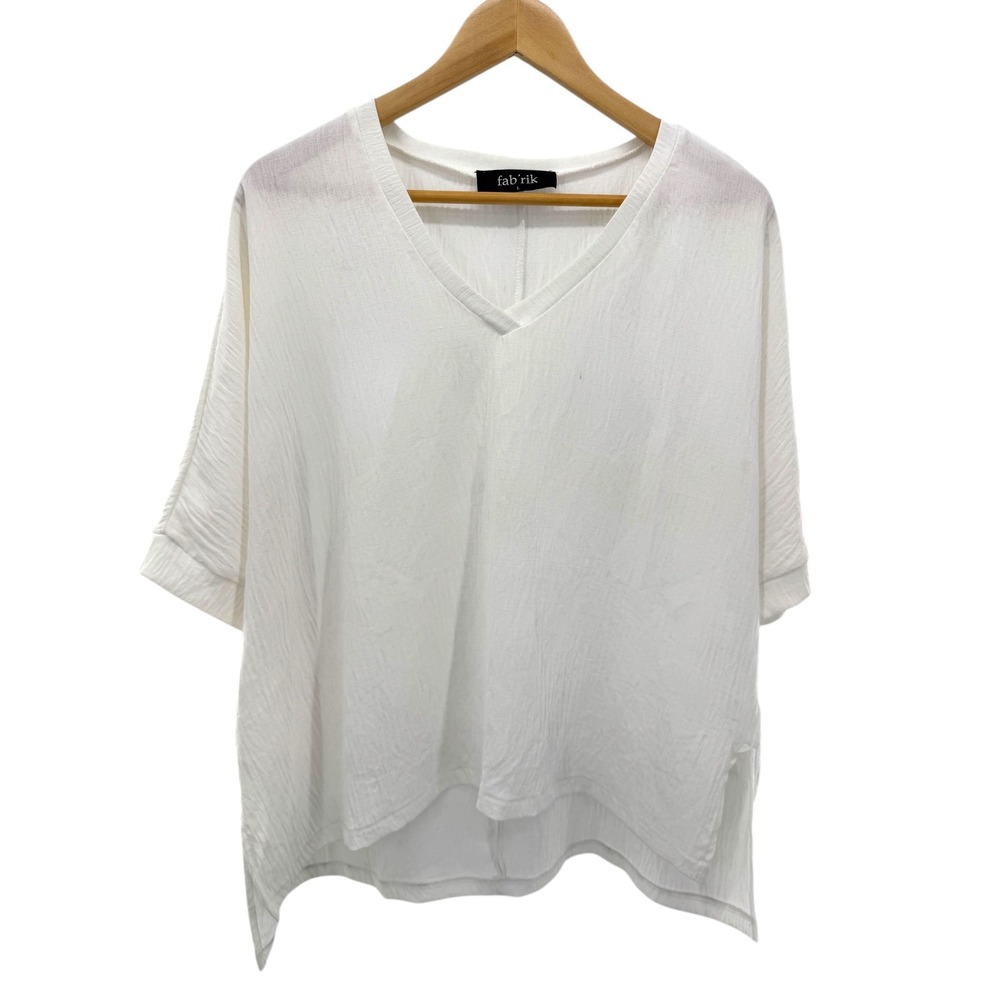 fab'rik White Textured V-Neck Oversized Blouse Top High Low Hem Boxy Dolman L